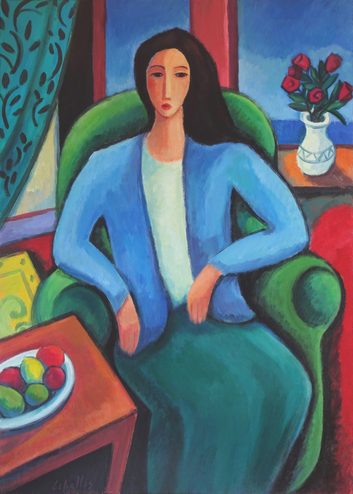 Retrato fauvista de figura femenina vestida de azul, obra de Guillermo Martí Ceballos