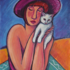 Mujer con gato blanco