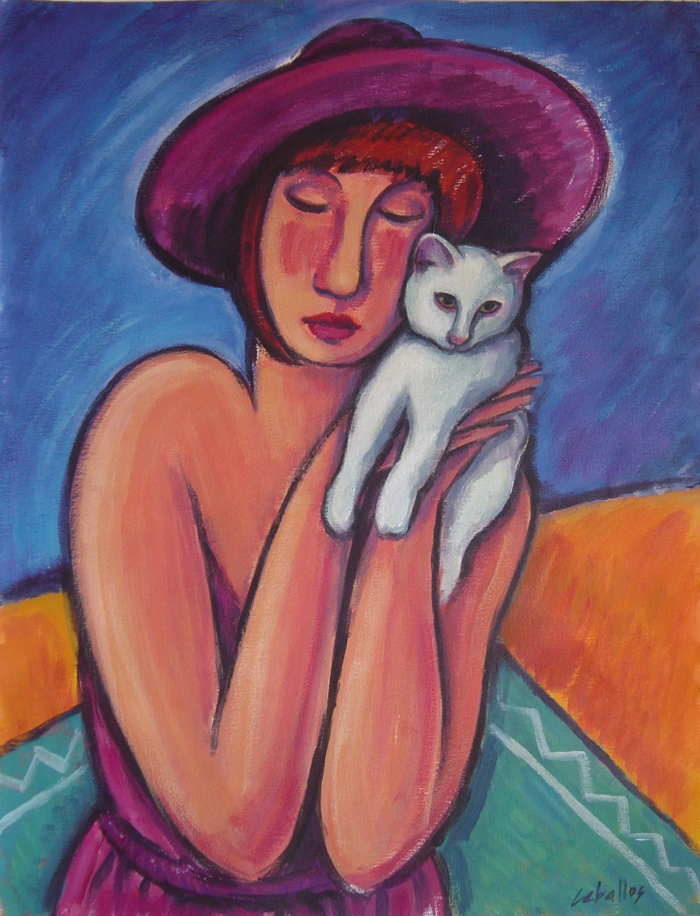Retrato de mujer con gato blanco obra de Martí Ceballos