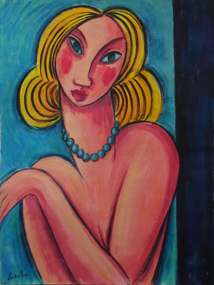 Pintura expresionistas de Martí Ceballos, retrato de mujer rubia con collar azul