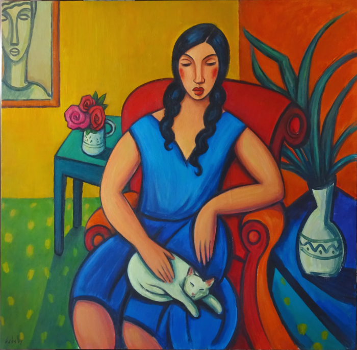 Pintura fauvista de figura de mujer con gato obra de Guillermo Martí Ceballos