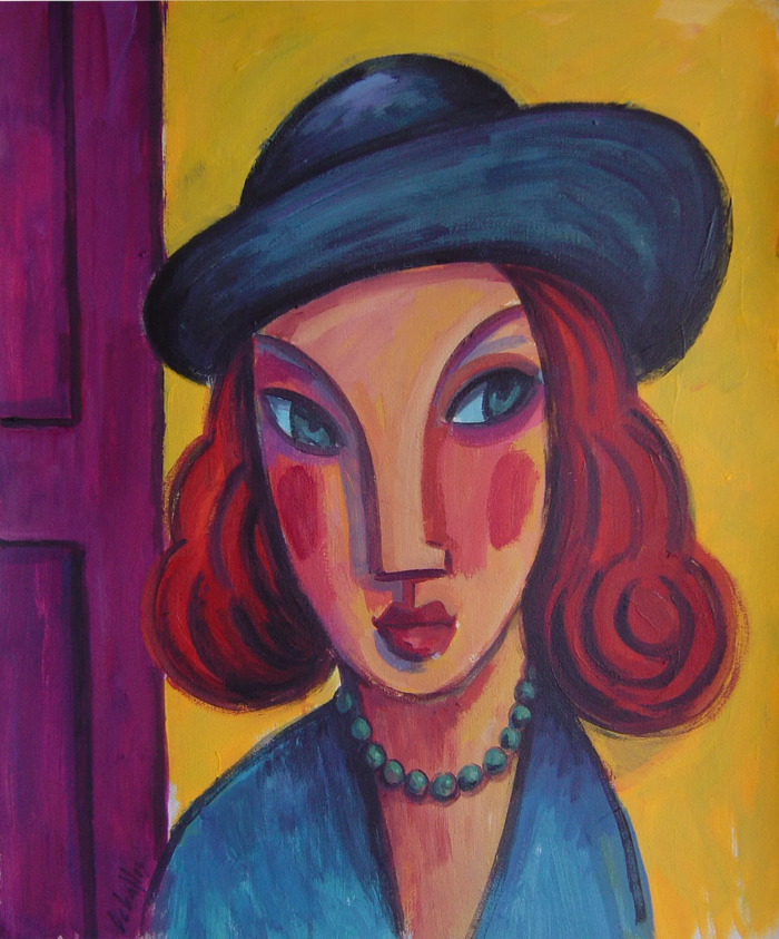 Retrato expresionista de mujer con sombrero azul, obra de Guillermo Martí Ceballos